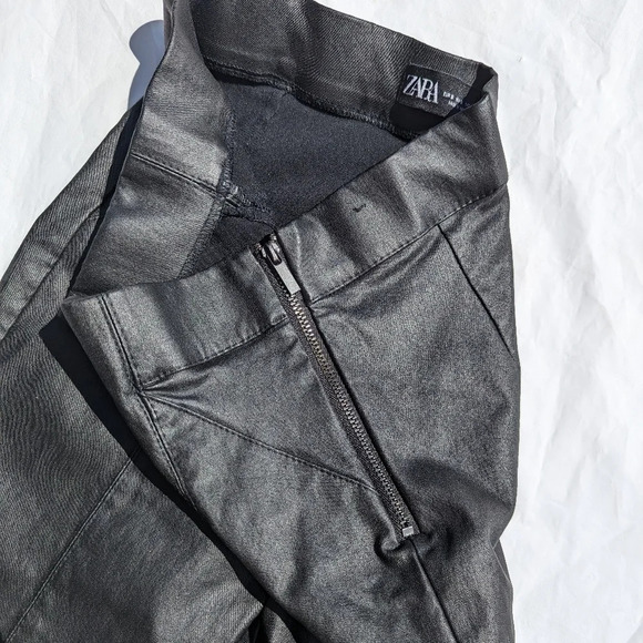 Zara Vegan Leather Black Pants with  Zip Up Front Ankles - Size Small - Picture 6 of 9